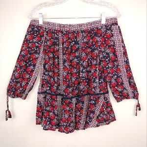 Como Vintage Boho Off the Shoulder Boho Rose Pattern 3/4 Sleeve Flowy Top Sz. PS